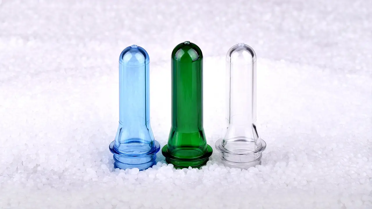 Preformas de Pet de color azul, verde y transparente